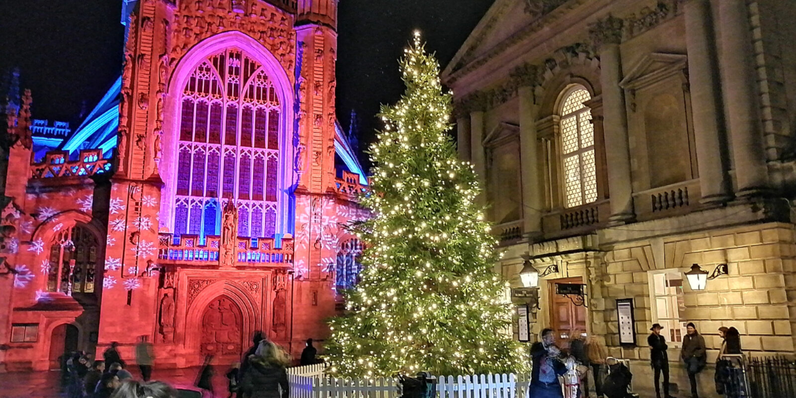 The Bath Abbey in Red and Christmas Tree