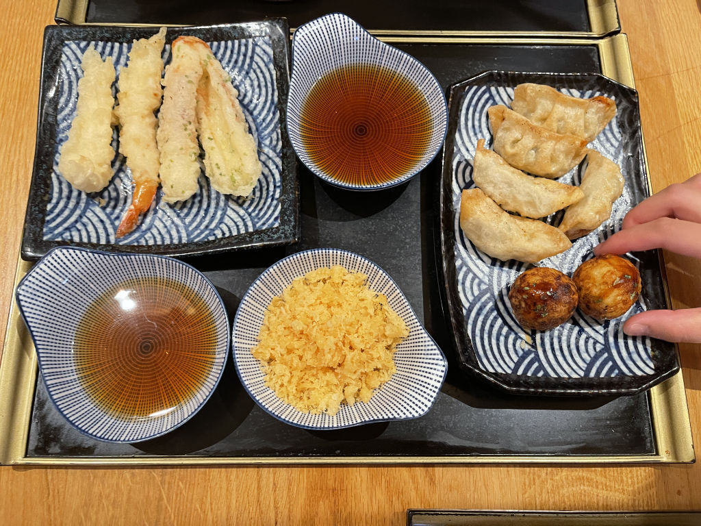 Prawn and Cuttle Fish Tempura, Gyoza and Takoyaki